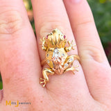 14K Tri-Tone Double Frog Moveable Diamond and Ruby Cocktail Ring Size 6