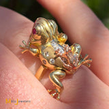 14K Tri-Tone Double Frog Moveable Diamond and Ruby Cocktail Ring Size 6