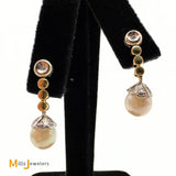Signed 18K Two-tone Gold Pearl and 0.04ctw Diamond Post Dangle Earrings