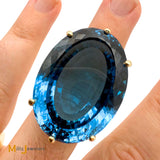 14K Yellow Gold 88.5ct Oval Blue Topaz Solitaire Cocktail Statement Ring Size 8.75