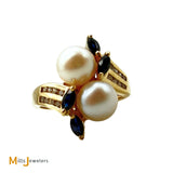 14K Yellow Gold 4.20ctw Pearl 0.32ctw Sapphire 0.24ctw Diamond Cluster Ring Size 7