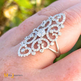 18K White Gold 1.76ctw Diamond Filigree Swirl Full Finger Cocktail Ring Size 8