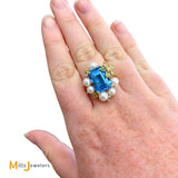 14K Yellow Gold Blue Topaz Pearl Citrine Diamond Cluster Cocktail Ring Size 8.25