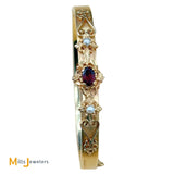 14K Yellow Gold Garnet and Seed Pearl Hinged Bangle Bracelet