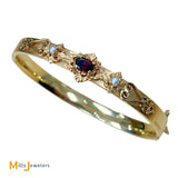 14K Yellow Gold Garnet and Seed Pearl Hinged Bangle Bracelet
