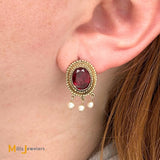Vintage 14K Yellow Gold 5ctw Oval Garnet and Seed Pearl Dangle Earrings