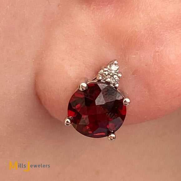 10K White Gold 4.21cts Garnet 0.06cts Diamond Stud Earrings