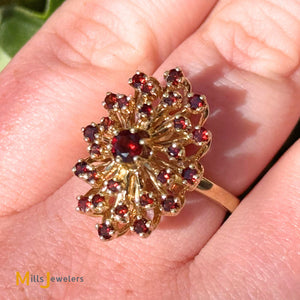 14K Yellow Gold Garnet Cluster Cocktail Ring Size 7.5