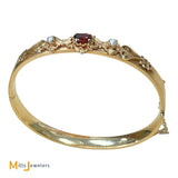 14K Yellow Gold Garnet and Seed Pearl Hinged Bangle Bracelet