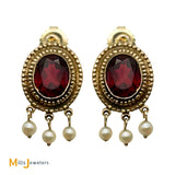Vintage 14K Yellow Gold 5ctw Oval Garnet and Seed Pearl Dangle Earrings