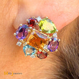 14k Yellow Gold Multicolor Gemstone and 0.15ctw Diamond Cluster Earrings