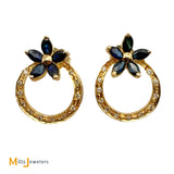 18k Yellow Gold 1.2ctw Blue Sapphire Flower and 0.12ctw Diamond Loop Earrings
