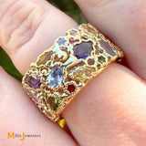 14k Yellow Gold Multicolor Gemstone Abstract Nugget Eternity Band Ring Size 7.5