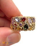 14k Yellow Gold Multicolor Gemstone Abstract Nugget Eternity Band Ring Size 7.5