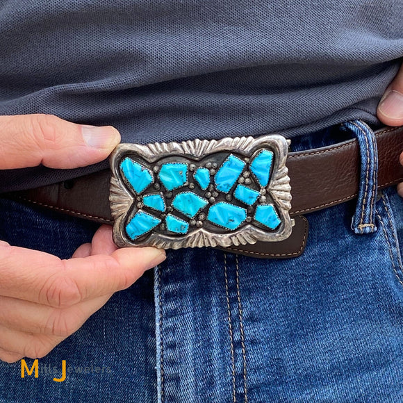 Vintage George & Lupeta Leekity Zuni 925 Silver 12-Stone Turquoise Belt Buckle