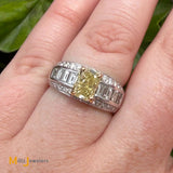 18K Two-Tone White and Yellow Gold GIA Certified 1.59ct Rectangular-Modified Brilliant Fancy Yellow Diamond Ring Size 7