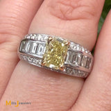 18K Two-Tone White and Yellow Gold GIA Certified 1.59ct Rectangular-Modified Brilliant Fancy Yellow Diamond Ring Size 7