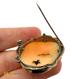 Antique 14K White Gold Hand-Carved Habille Cameo 0.04ct Diamond Pendant/Brooch