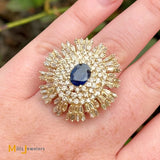 Vintage 14K Yellow Gold 1.53ct Blue Sapphire and 4.96ctw Diamond Cluster Ring