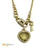 18K Yellow Gold 6.34ct Cushion Cut Green Citrine and 1.38ctw Diamond Heart Lock and Key Charm Necklace 16"