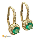 14K Yellow Gold 0.27ctw Diamond and 0.60ctw Emerald Halo Lever-Back Earrings