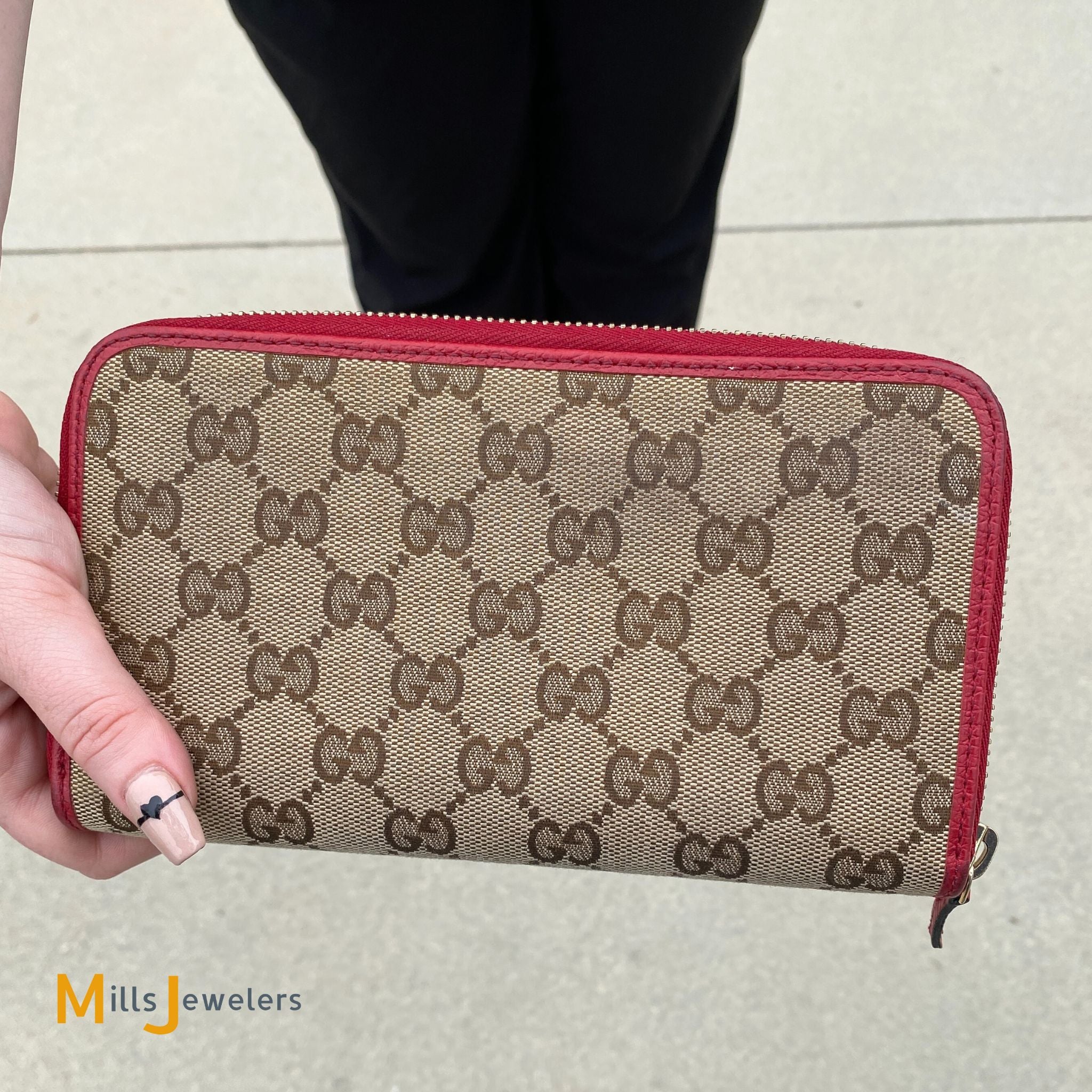 Gucci GG Beige Logo Long Canvas Leather Red Bifold Zip