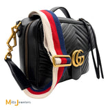 Gucci Black Calfskin Leather Medium Marmont Crossbody With Red White Blue Strap