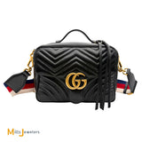 Gucci Black Calfskin Leather Medium Marmont Crossbody With Red White Blue Strap