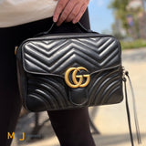 Gucci Black Calfskin Leather Medium Marmont Crossbody With Red White Blue Strap