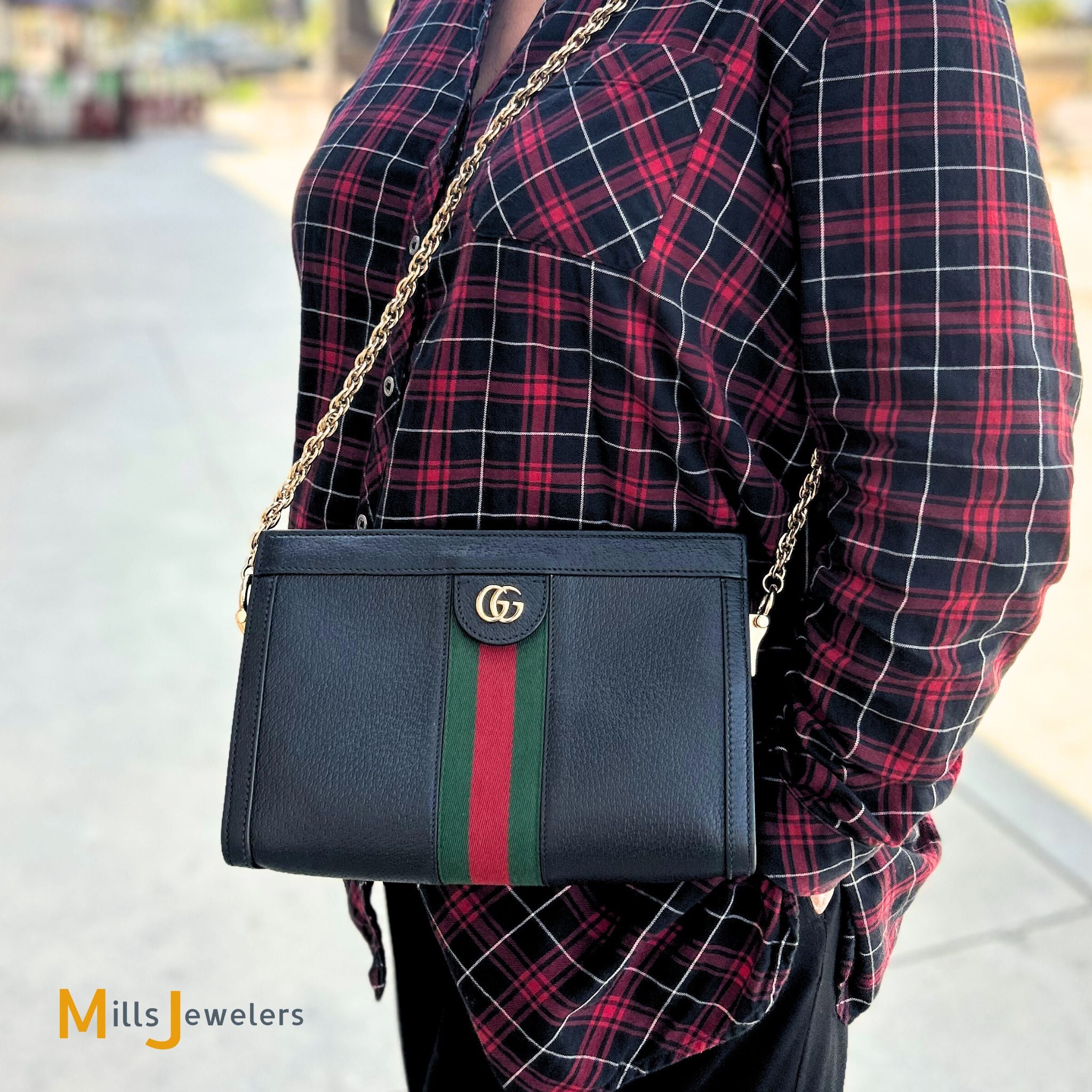 Gucci Black Calfskin Leather Ophidia Chain Shoulder Bag