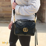 Gucci Black Calfskin Leather Medium Marmont Crossbody With Red White Blue Strap