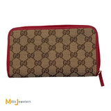 Gucci GG Beige Logo Long Canvas Leather Red Bifold Zip Around Wallet