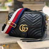 Gucci Black Calfskin Leather Medium Marmont Crossbody With Red White Blue Strap