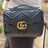 Gucci Black Calfskin Leather Medium Marmont Crossbody With Red White Blue Strap