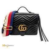 Gucci Black Calfskin Leather Medium Marmont Crossbody With Red White Blue Strap