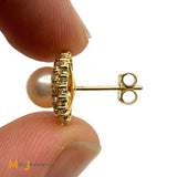 Signed 14K Yellow Gold Pearl and 0.42ctw Diamond Double Halo Post Earrings