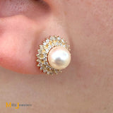 Signed 14K Yellow Gold Pearl and 0.42ctw Diamond Double Halo Post Earrings