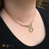18K Yellow Gold 6.34ct Cushion Cut Green Citrine and 1.38ctw Diamond Heart Lock and Key Charm Necklace 16"