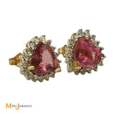 14K Yellow Gold 4.06ctw Heart Shaped Pink Tourmaline & 0.51ctw Diamond Stud Earrings