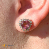 14K Yellow Gold 4.06ctw Heart Shaped Pink Tourmaline & 0.51ctw Diamond Stud Earrings