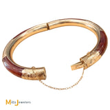 14K Yellow Gold Floral Engraved Orange Brown Jade Hinged Bangle Bracelet