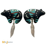Sterling Silver 925 Inlaid Turquoise Onyx Mother of Pearl Coral Bear Earrings