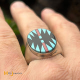Sterling Silver 925 Inlaid Turquoise Onyx Coral Mens Ring Size 13.5