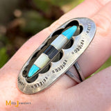 Vintage Sterling Silver 925 Mother of Pearl, Onyx, and Turquoise Shadowbox Ring Size 8.25