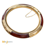 14K Yellow Gold Floral Engraved Orange Brown Jade Hinged Bangle Bracelet