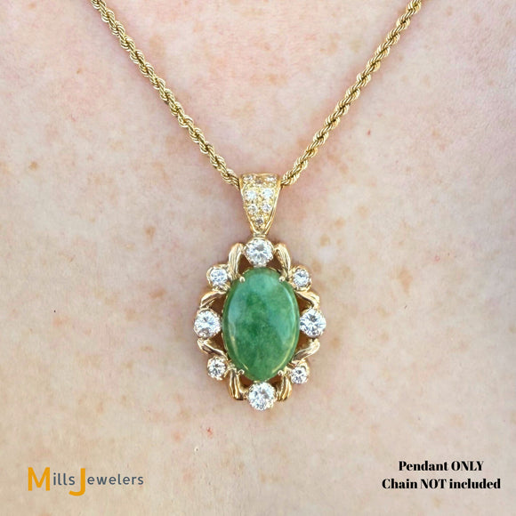 Vintage 14K Yellow Gold 4.76ct Jade and 1.04ctw Diamond Slide Pendant