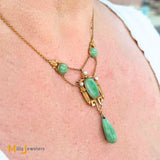 Antique Art Nouveau 14K Yellow Gold Jade and Pearl Dangle Necklace 16"