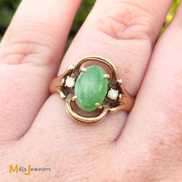 Vintage 14k Yellow Gold 2.33ct Jade and 0.06ctw Diamond Cocktail Ring Size 7