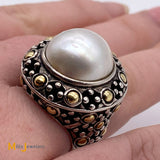John Hardy 18K Sterling Silver 925 Jaisalmer Dot Mabe Pearl Ring Size 6