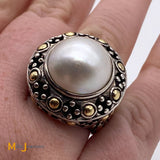 John Hardy 18K Sterling Silver 925 Jaisalmer Dot Mabe Pearl Ring Size 6